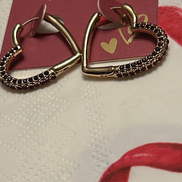 Gold Heart Hoop Rhinestone Earrings and Heart Stamp Bracelet Gold Tone NEW - Picture 6 of 12